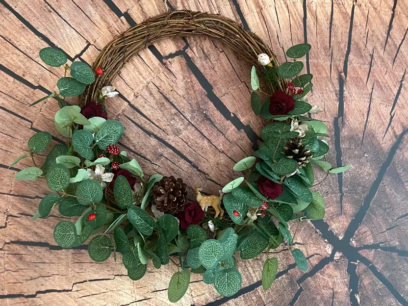 Large wreath with eucalyptus and burgundy flowers