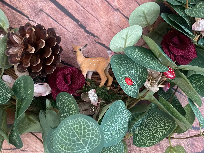 Large wreath with eucalyptus and burgundy flowers