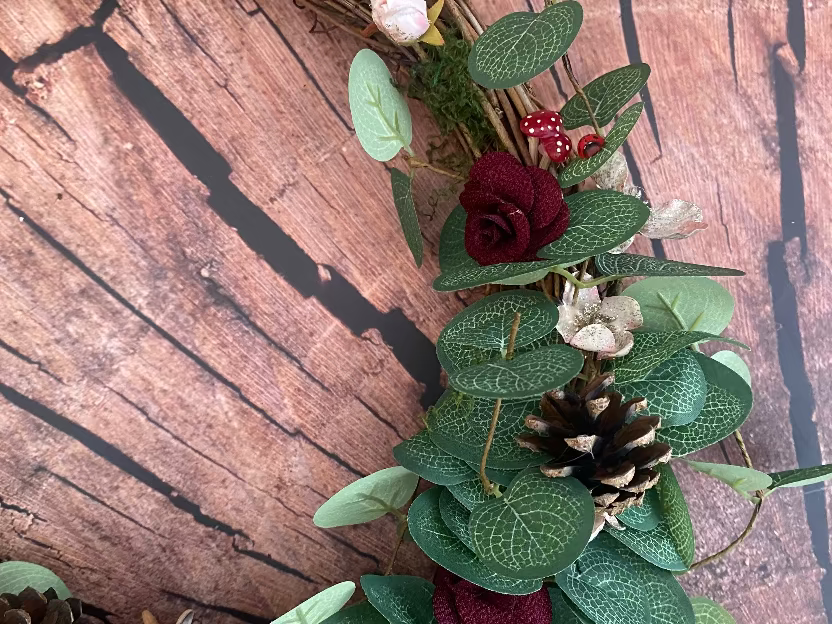 Large wreath with eucalyptus and burgundy flowers