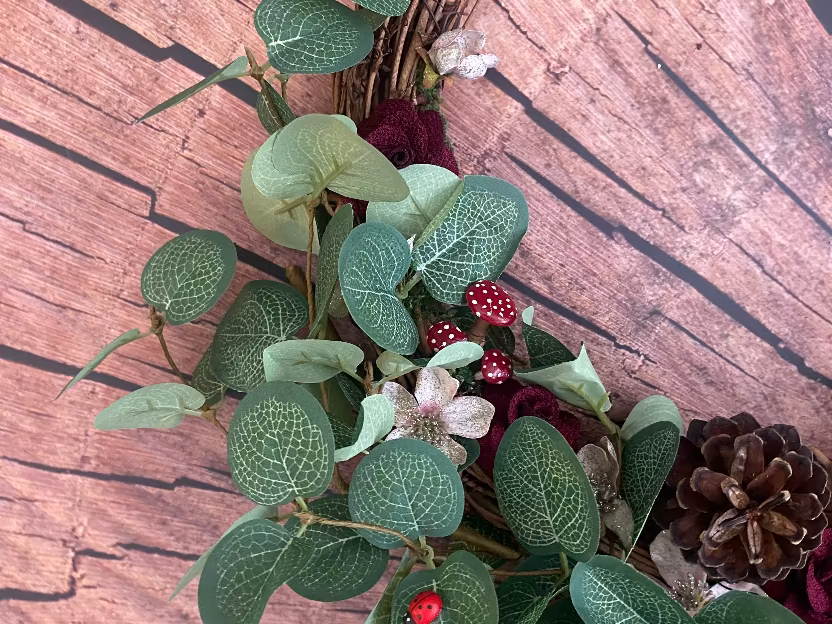 Large wreath with eucalyptus and burgundy flowers