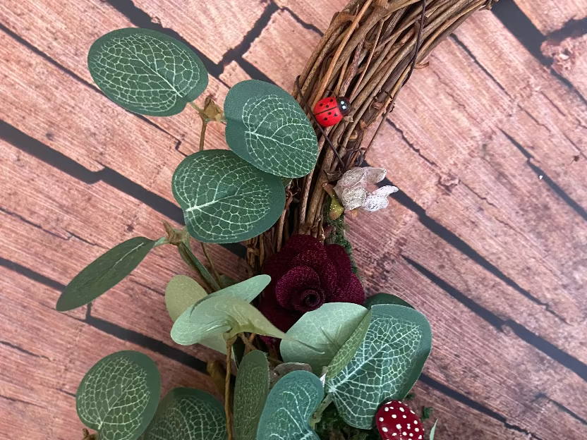 Large wreath with eucalyptus and burgundy flowers