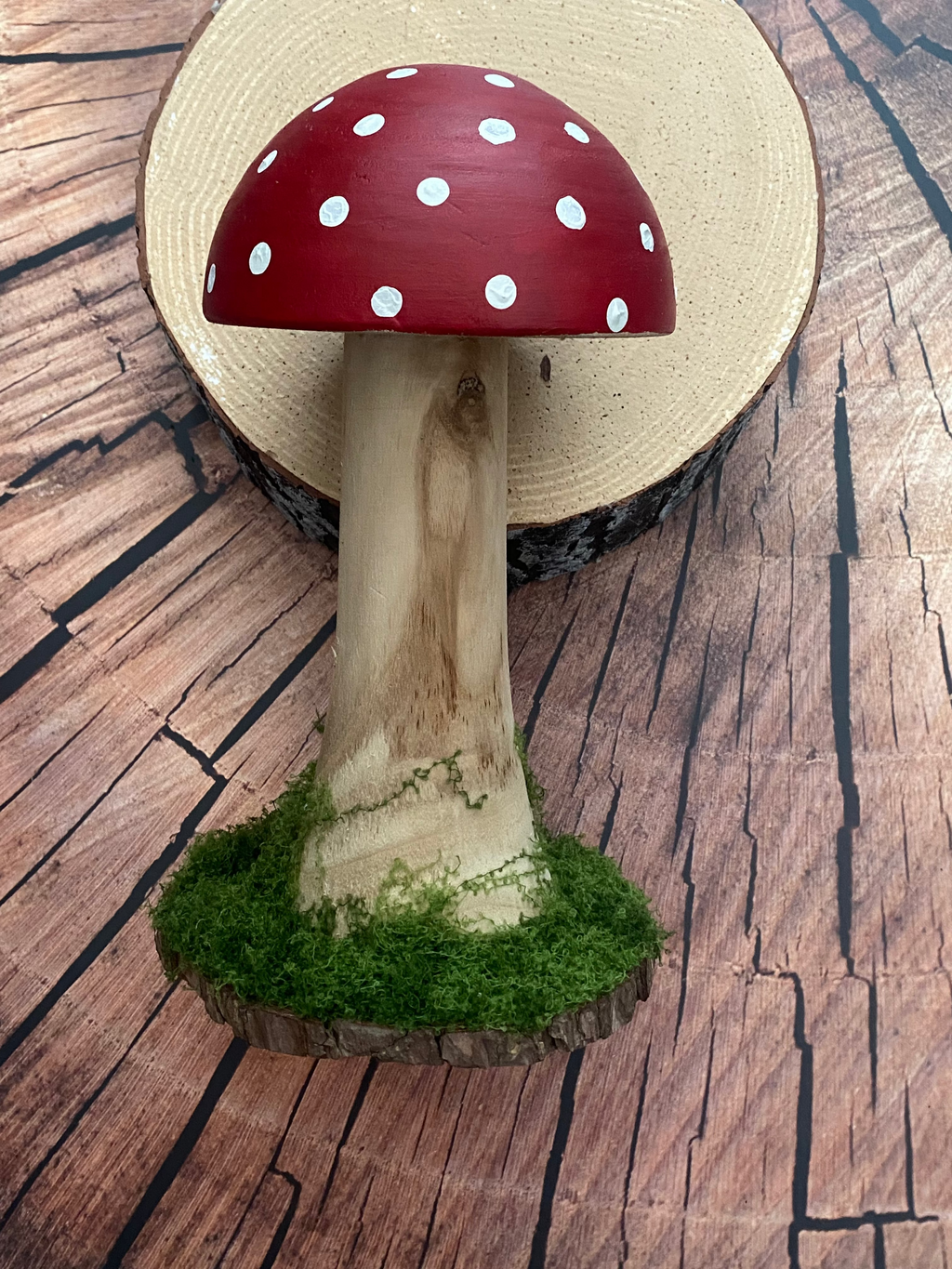 Tall wooden spotted mushroom