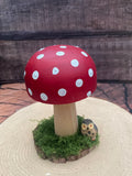 Medium red and white mushroom with owl
