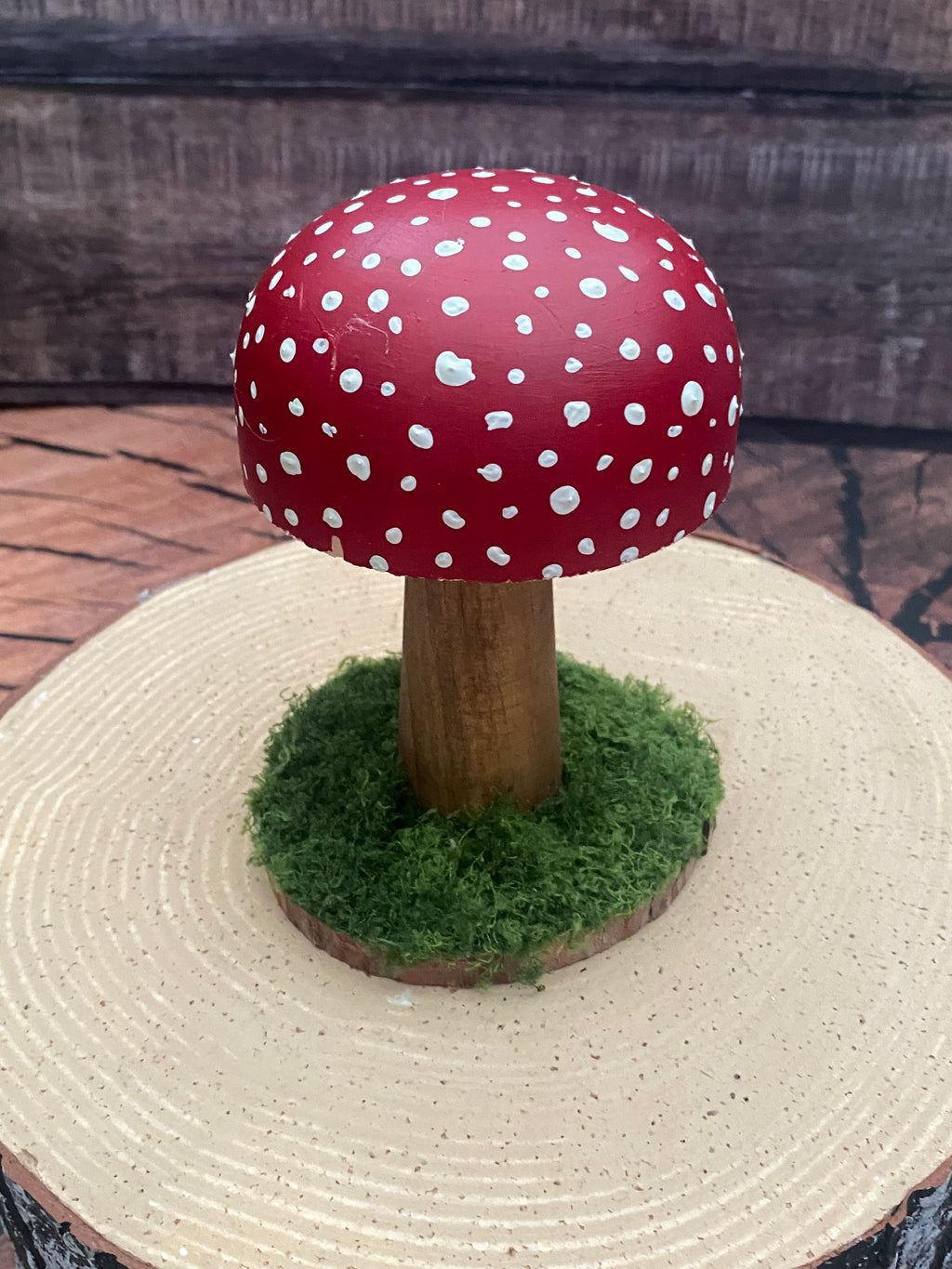 Medium red & white spotted wooden mushroom