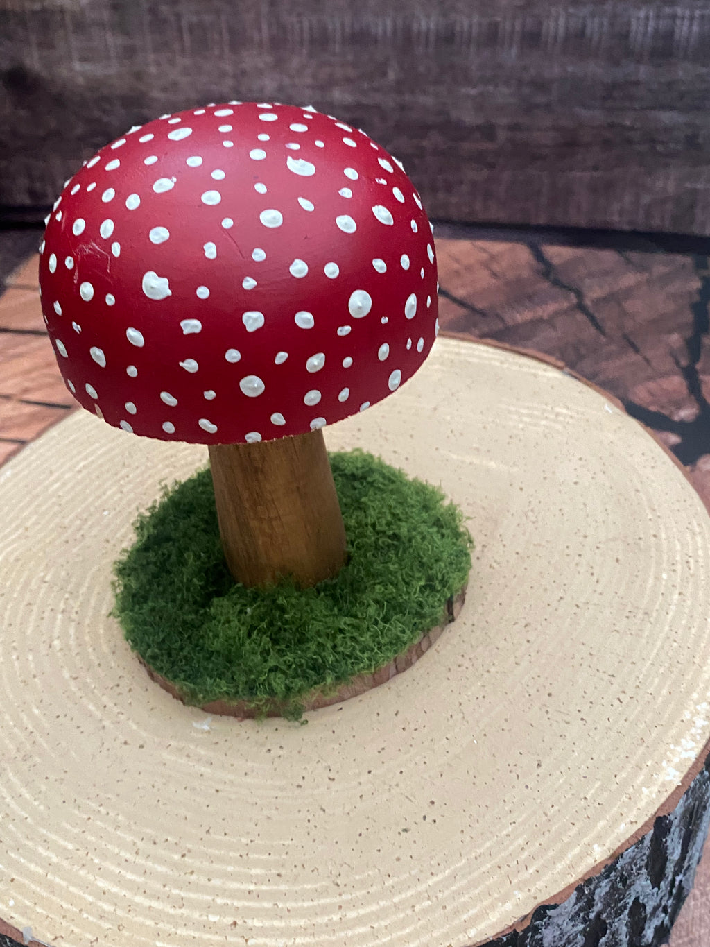 Medium red & white spotted wooden mushroom