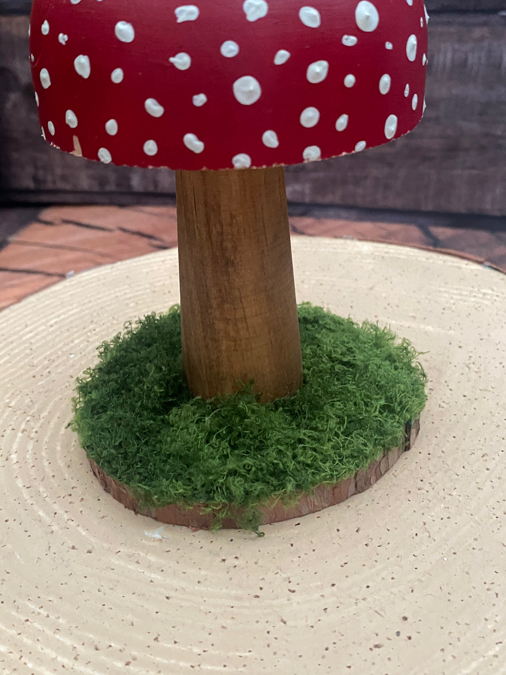 Medium red & white spotted wooden mushroom