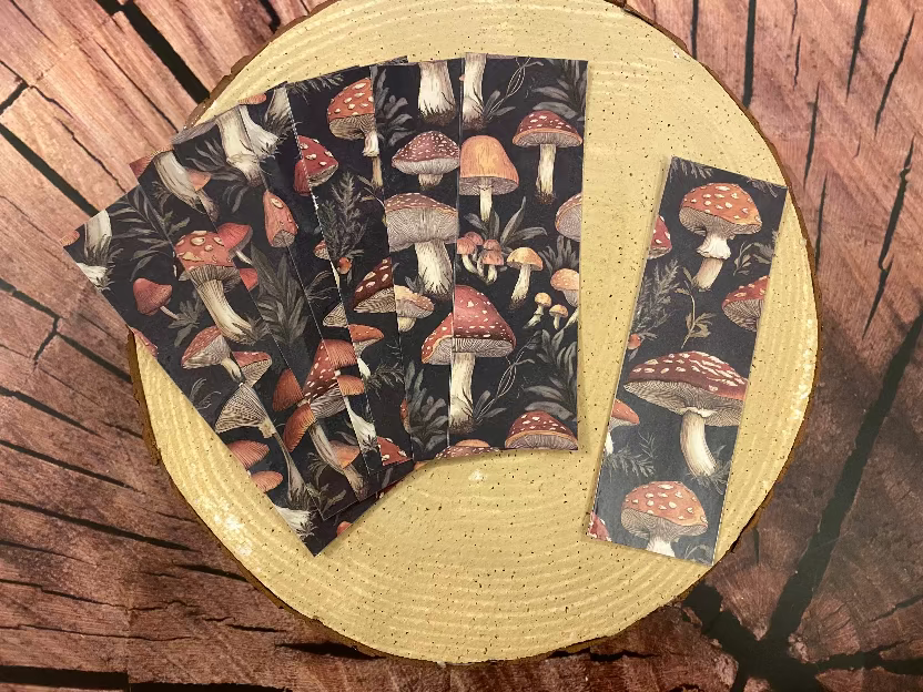 Vintage mushroom bookmarks dark background