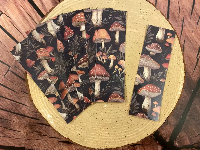 Vintage mushroom bookmarks dark background
