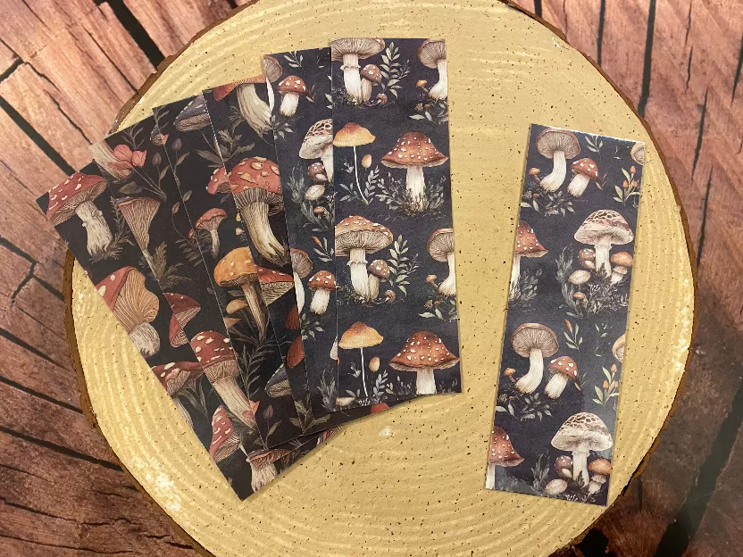 Vintage mushroom bookmarks dark background