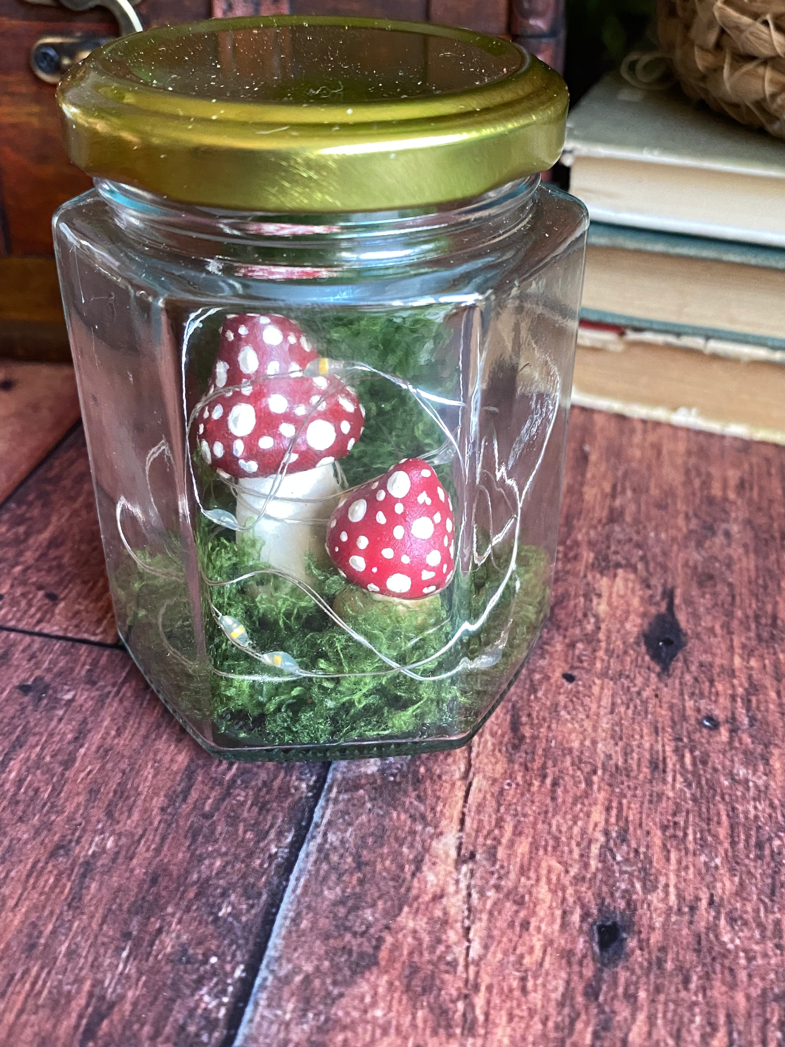 Mossy glow jar - two red mushrooms