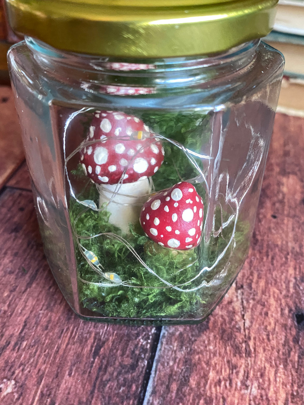 Mossy glow jar - two red mushrooms