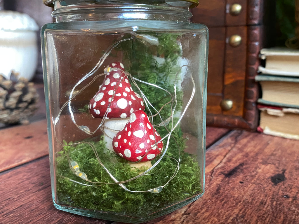 Mossy glow jar - two red mushrooms